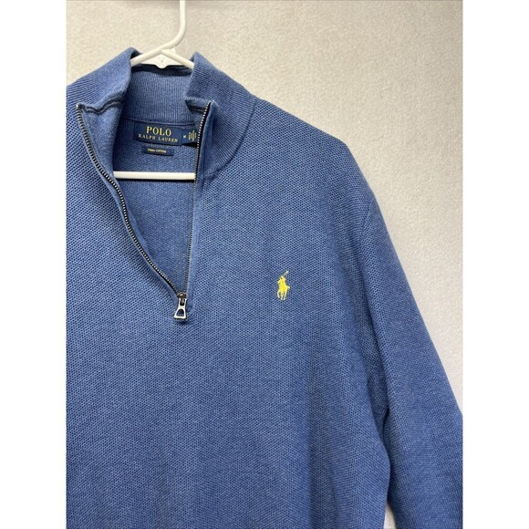 Polo Ralph Lauren Quarter Zip Sweater Mens Size M Blue Pima Cotton Waffle Knit - Picture 3 of 4